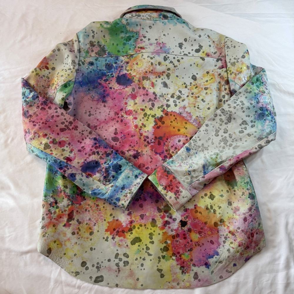 Blu Ice Leather Shirt Wearable Art Paint Splatter Snap Front Women's Size Small - Picture 6 of 6